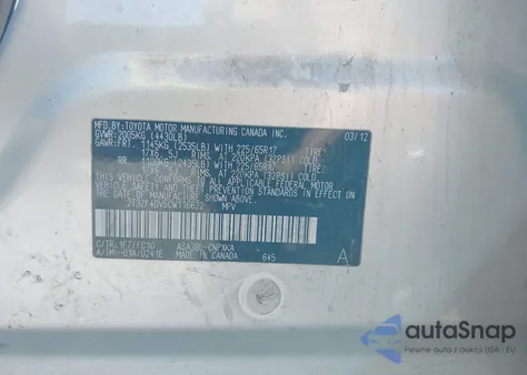 2012 Toyota Rav4 z USA, uszkodzony, nr VIN 2T3ZF4DV5CW116622